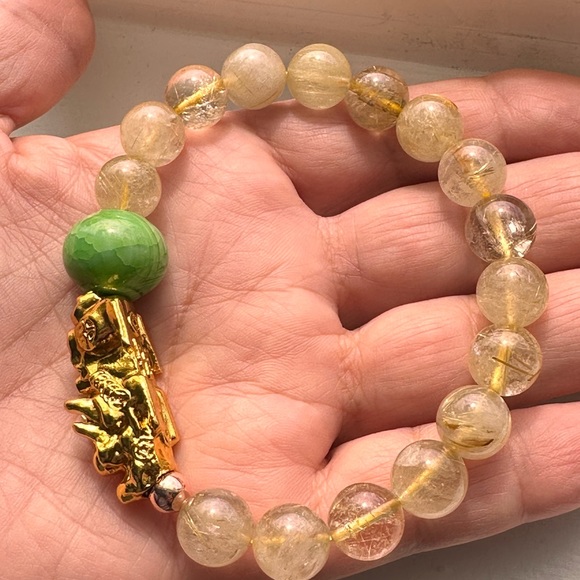 GOLD RUTILANT + GOLD PIXIU  NATURAL BRACELET size 7” - Picture 10 of 12